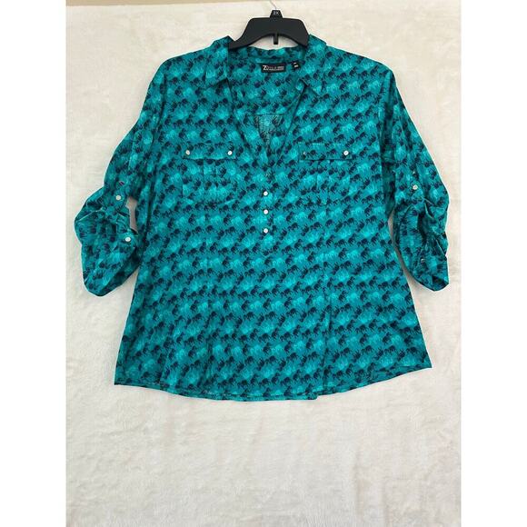 7th Avenue Elephant Print Blue Tunic Top XXL Roll Tab Sleeves - Picture 1 of 8